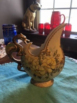 Antique/vintage Hand Painted Pitcher/ewer With Gold Leaf Dragon Handle
