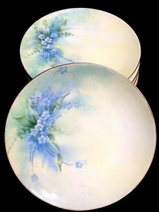 Set Of Six Antique Dated 1916 Signed Hand Painted Forget Me Not Cabinet Plates
