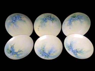 Set Of Six Antique Dated 1916 Signed Hand Painted Forget Me Not Cabinet Plates 3