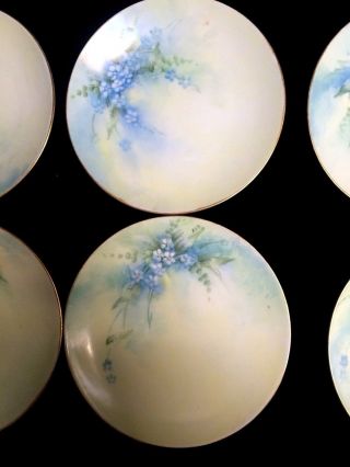 Set Of Six Antique Dated 1916 Signed Hand Painted Forget Me Not Cabinet Plates 5