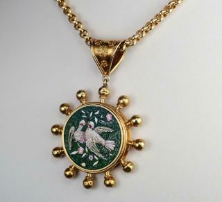 Romantic Antique Victorian Etruscan 18K Micro Mosaic Love Birds Locket Necklace 11