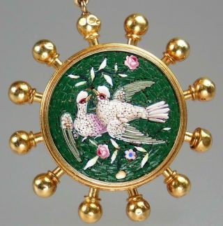 Romantic Antique Victorian Etruscan 18k Micro Mosaic Love Birds Locket Necklace