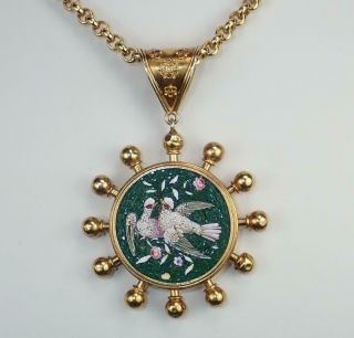 Romantic Antique Victorian Etruscan 18K Micro Mosaic Love Birds Locket Necklace 3