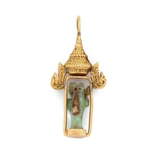 Antique Vintage Nouveau 18k 22k Yellow Gold Ancient Siam Quartz Ceramic Pendant 3