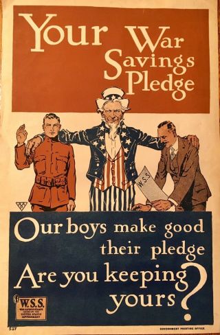 Wwi Poster - Your War Savings Pledge - Savings Stamps - Uncle Sam C.  1918