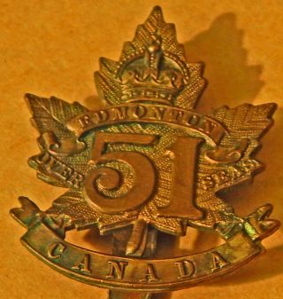 51st Battalion (edmonton),  Cef Brass Cap Badge Ww1 Disbanded 1920