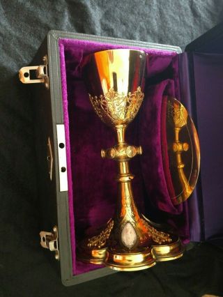 Exceptional Antique French Sterling Silver Gold Plated Church Chalice Paten Set