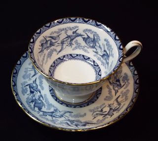Rare Shelley Fine Bone China Blue Heron Pattern Teacup Cup & Saucer Set,  Cranes