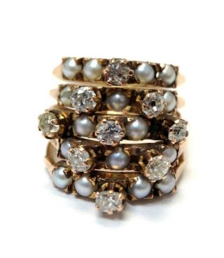 . 90ct Mine Cut Diamond And Pearl Antique 5 Row Hinged " Harem " Ring Size 5