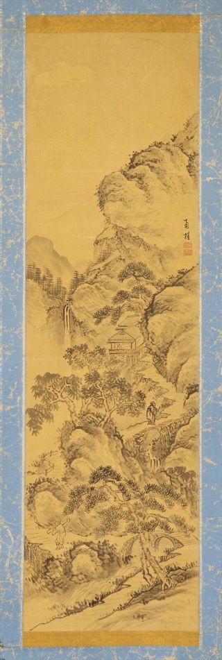 Japanese Hanging Scroll Art Painting Sansui Landscape Asian Antique E8107