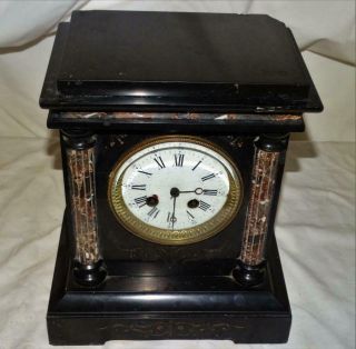 ANTIQUE FRENCH CHIMING MARBLE MANTEL CLOCK,  CORINTHIAN COLUMN DESIGN,  COLLECTIBLE. 2