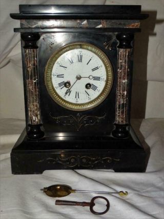 ANTIQUE FRENCH CHIMING MARBLE MANTEL CLOCK,  CORINTHIAN COLUMN DESIGN,  COLLECTIBLE. 6