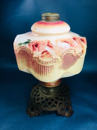 Antique Victorian Art Nouveau Oil Table Lamp Consolidated Milk Glass Pink Rose