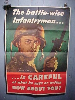 Orig Wwii Home Front Poster 1944 - Battlewise Infantryman Is Careful Are You?