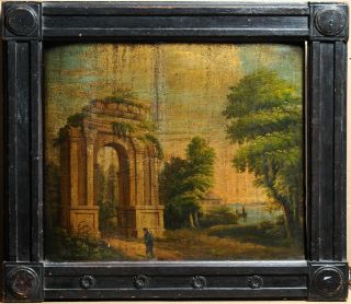 Antique 18c Italian Oil Painting On Wood : Ancient Ruins Of Arc De Triomphe