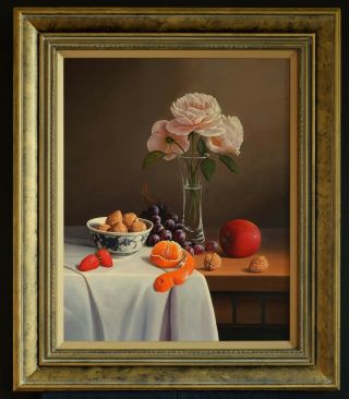 Classical Realism Still Life Peeled Fruit Flower Rose Decorative Oil Painting