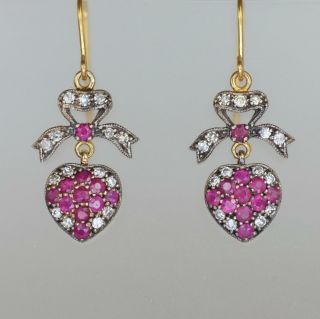 Vintage Ruby & Diamond 9ct Gold Dangle / Drop Earrings Heart & Bow 0.  5ct Diamond