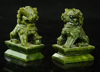 Exquisite Rare A Pair 100 China Natural Jade Hand - Carved Statues Fo Dog Lion