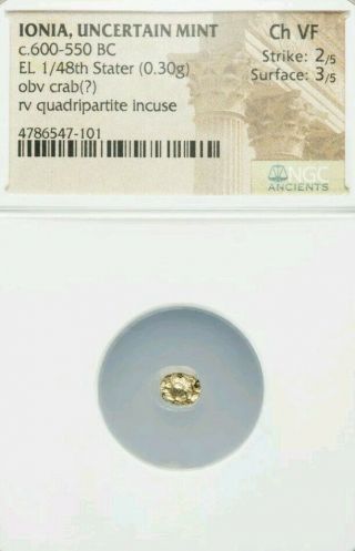 Ionia 1/48th Gold Stater Crab Ngc Choice Vf 2/3 Ancient Gold Coin