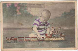 1900s Japan Little Boy W/ Tin Toy Train / Railroad & Ship Postcard Japon Tokyo