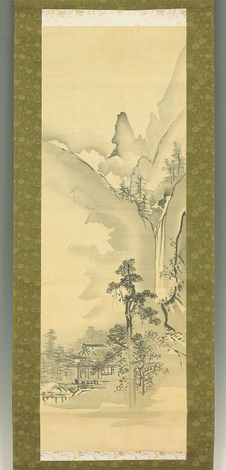 掛軸1967 Japanese Hanging Scroll " Ridgy Mountains And Waterfall Landscape " @b635