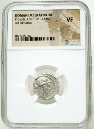 42 BC temp.  MARK ANTONY Cleopatra Octavian NGC Ancient Roman Silver Denarius Coin 5