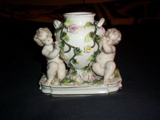 Antique Dresden Sitzendorf Porcelain Figural Vase 19th Cent German Cherubs Roses