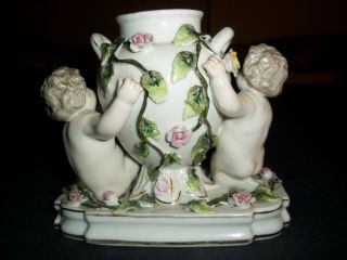 Antique Dresden Sitzendorf porcelain figural vase 19th cent German cherubs roses 2