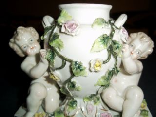 Antique Dresden Sitzendorf porcelain figural vase 19th cent German cherubs roses 3