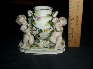 Antique Dresden Sitzendorf porcelain figural vase 19th cent German cherubs roses 7