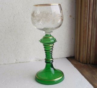 1890 German Roemer Goblet Green Wine Glass Etched Grapes & Leaves Rare