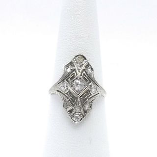Art Deco 18k White Gold 1/2ctw Rose Cut Diamond Navette Cocktail Ring Sz 8.  25