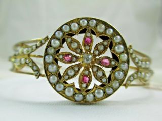 Antique Victorian Edwardian Mine Cut Diamond Ruby 9k Gold Bracelet Ornate 019tb