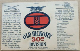 Rare 1919 Postcard Old Hickory 30th Division Us Army National Guard Wwi Nc Sc Tn