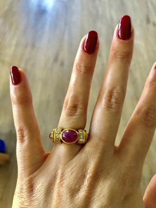 Halo Oval Ruby Cabochon 18k Yellow Gold Retro With Diamonds - Vintage Ring - Size 7