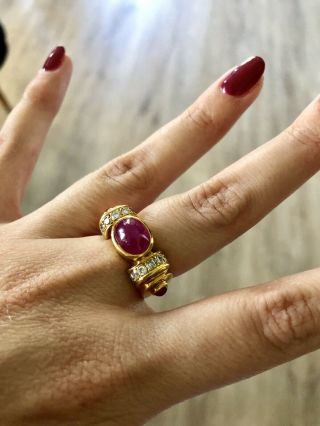 Halo Oval Ruby Cabochon 18K Yellow Gold Retro With Diamonds - Vintage Ring - size 7 2