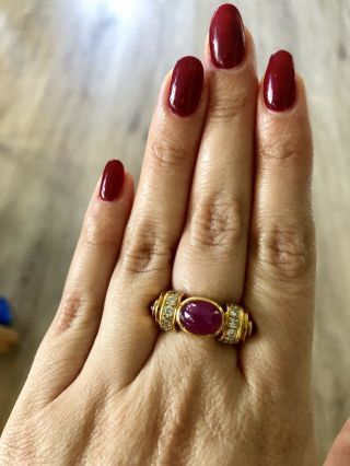 Halo Oval Ruby Cabochon 18K Yellow Gold Retro With Diamonds - Vintage Ring - size 7 3