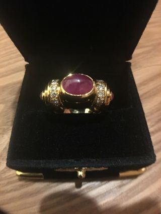 Halo Oval Ruby Cabochon 18K Yellow Gold Retro With Diamonds - Vintage Ring - size 7 4