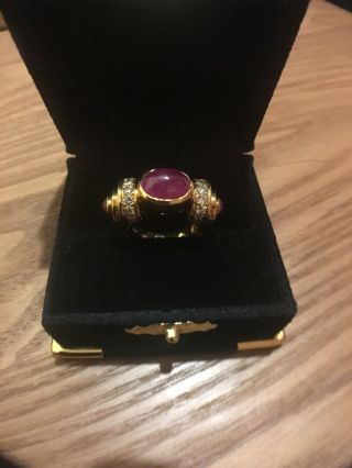 Halo Oval Ruby Cabochon 18K Yellow Gold Retro With Diamonds - Vintage Ring - size 7 8