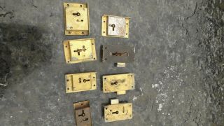 Small Vintage Brass Drawer/box Locks X8.  2 With Keys.