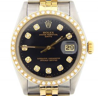 Rolex Date Mens Steel & Yellow Gold Watch Black Diamond Dial 1ct Diamond Bezel
