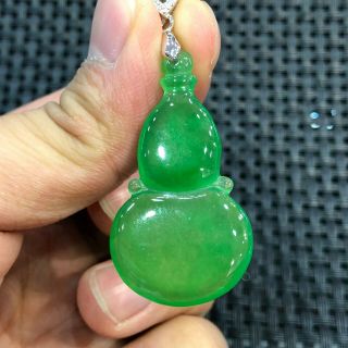 Rare Collectible Chinese Handwork S925 Silver & Green Jadeite Jade Gourd Pendant