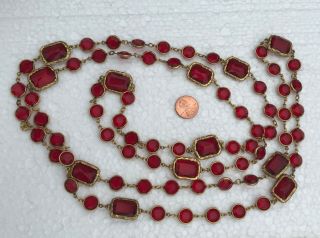Vintage Chanel 1981 Red Crystal Chicklet Sautoir Goldtone Necklace 64” Ic Nr