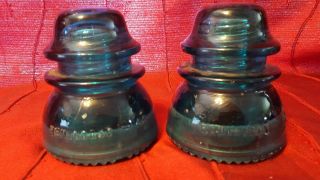 2 Vintage Antique Aqua Blue Green Hemingray Glass Insulators Beaded Bottom,  A C