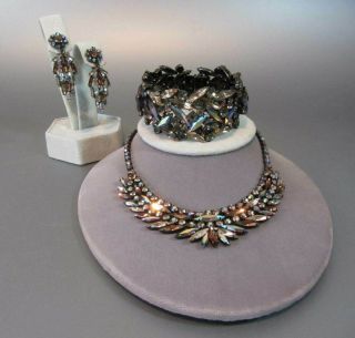 Vintage Sherman Cuff Bracelet Necklace Earrings Jewelry Japanned Set Matching