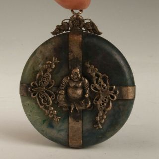 CHINESE OLD TIBET SILVER JADE HANDMADE CARVING BUDDHA PENDANT SPIRITUAL GIFT M 4