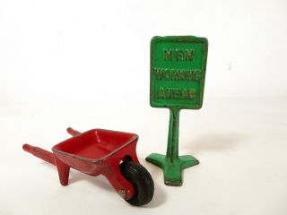 Antique Arcade Toys Cast Iron Wheelbarrow & Men Street Sign Car Truck