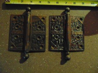 Two Antique Fancy Victorian Eastlake Brass - Plated Cast Iron Door Hinges 4 " X 4 "