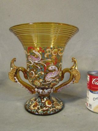 Old Moser Type Royo Spanish Enameled Art Glass 2 Handled Vase With Gilt Birds
