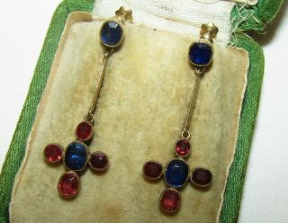 Unusual,  Antique Victorian 18 Ct Gold Earrings With Fine Blue Sapphire & Rubies